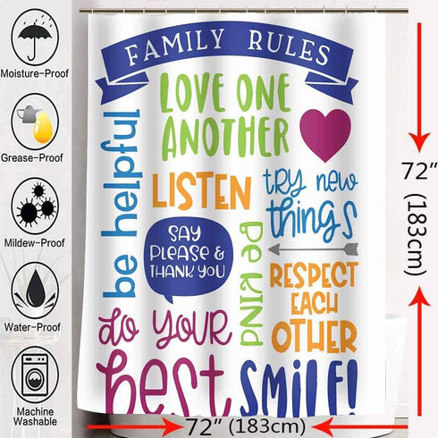 SDDSER Family Rules Shower Curtain Educational Motivational and Inspirational Quotes Decor Bathroom Curtain for Kids, 72 x72 in Bathtub Showers Waterproof Fabric with 12 Hooks YLQQSD303