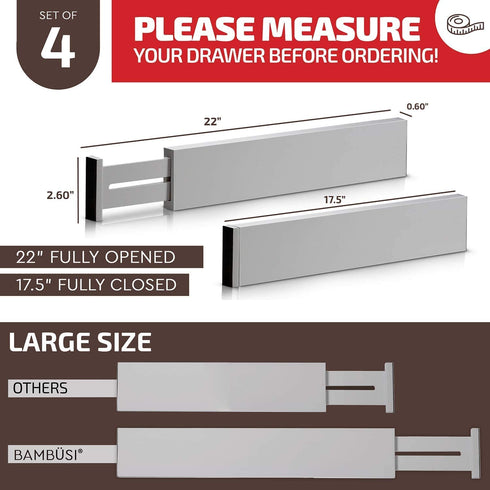 Adjustable Bamboo Drawer Divider Organizer - Fits Large Drawers Sized 17.5" Upto 22"- Expandable Kitchen Drawer Organizer Separators for Utensils, Dresser, Clothes, Bedroom, Bathroom 4-Pack, Gray