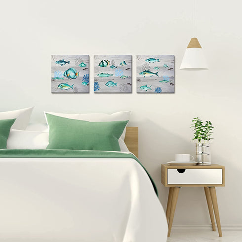 ArtKissMore Ocean Animal Wall Art Bathroom Rustic Wall Decor Sea Fish Animals Painting for Home Bathroom Kitchen Bedroom Marine Theme Modern Farmhouse Wall Decor 12x12inchx3pcs