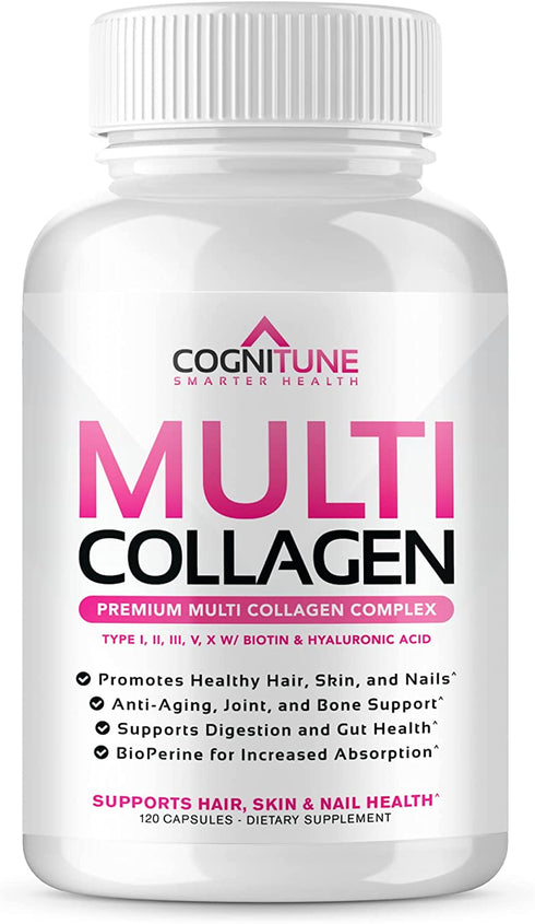 Multi Collagen Pills with Hyaluronic Acid and Vitamin C, Biotin - Type I, II, III, V, X Hydrolyzed Collagen Protein; Healthy Hair, Skin, Nails, Joints -120- Collagen Peptides Capsules for Women & Men