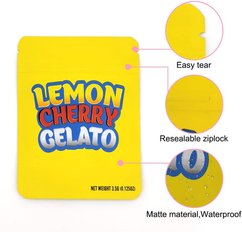 GetaYa 25PCS Mylar Bags, Resealable Zip Lock Smell Proof Bags for Food Storage, Packaging, Stand Up Foil Pouch Edible Bags For Candy, Cookie, Beans, Snack 3.5g (Lemon Cherry Gelato)