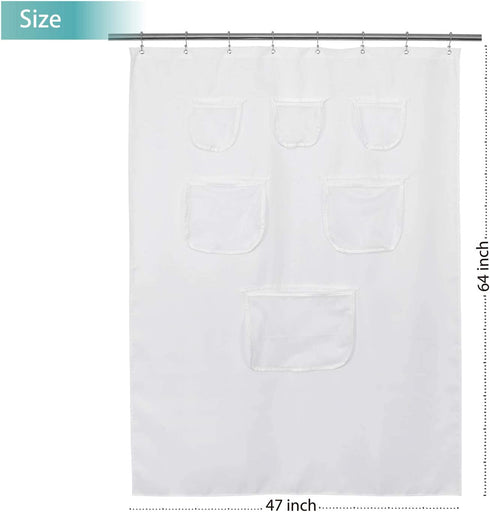 RV Shower Curtain 64 inches Length with 6 Mesh Pockets for Camper Storage,Water Repellent, Odorless and Rust Proof Grommets,White, 47x64