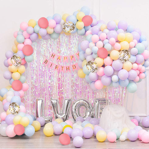 Pastel Balloon Garland Kit 202Pcs Rainbow Macaron Balloons Arch Kit with White Foil Fringe Curtain for Birthday Party Baby Shower Decorations