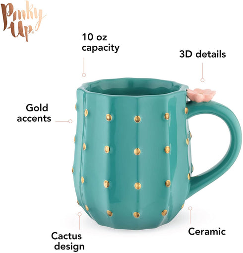 Pinky Up Cactus Mug, 3D Green Ceramic, Gold Details, Holds 10 Ounces, Coffee & Tea Accessories, Cute Succulent Coffee Mug