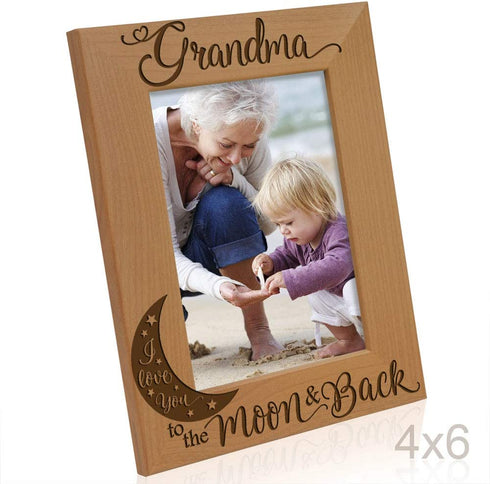 KATE POSH - Grandma I Love You to the Moon and Back Engraved Natural Wood Picture Frame, Mother's Day Gifts for Grandma, Birthday Gifts for Grandmother, Best Grandma Ever (4x6-Vertical)