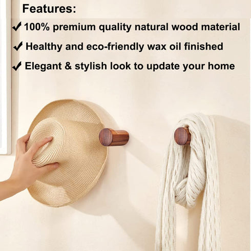 Wood Wall Hooks, 4 Pack Natural Walnut Wooden Wall Hooks, Heavy Duty Wood Hooks Wall Mounted, Decorative Sturdy Wood Coat Hooks Hat Hooks Wood Pegs for Hanging Backpack Towel Hats