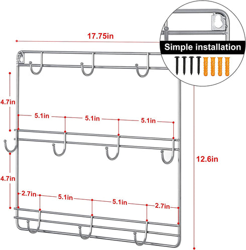 MOOACE 2 Pack Mug Rack Cup Holder, 3 Tier Metal Wall Mounted Coffee Mug Storage Rack with 10 Hooks, Cup Display Organizer for Coffee Mugs, Tea Cups, Mason Jars and More (Silver)