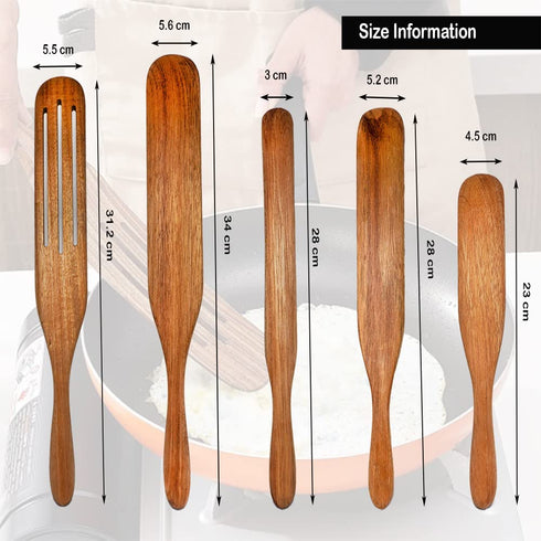 Alyzian Teak Wood 5Pcs Spurtle Set, Non-Stick, Heat Resistant Natural Spurtles Kitchen Tools As Seen On TV, Best for Baking, Cooking, Flipping, Spreading, Serving, Whisking, Scooping Etc