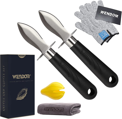 WENDOM Oyster Knife Shucker Set Oyster Shucking Knife and Gloves Cut Resistant Level 5 Protection Seafood Opener Kit Tools Gift(2knifes+1Glove+1Cloth)