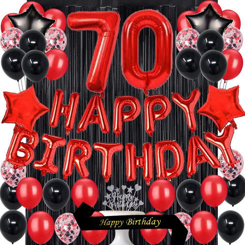 Fancypartyshop Fancy 70TH Birthday Party Decorations Supplies Red Black Later Balloons Happy Birthday Cake Topper Sash Foil Black Curtains Foil Star Balloons Number Red 70