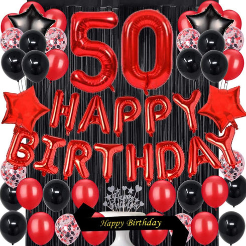 Fancypartyshop Fancy 50TH Birthday Party Decorations Supplies Red Black Later Balloons Happy Birthday Cake Topper Sash Foil Black Curtains Foil Star Balloons Number Red 50
