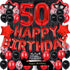 Fancypartyshop Fancy 50TH Birthday Party Decorations Supplies Red Black Later Balloons Happy Birthday Cake Topper Sash Foil Black Curtains Foil Star Balloons Number Red 50