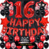 Fancypartyshop 16TH Birthday Party Decorations Supplies Red Black Later Balloons Happy Birthday Cake Topper Sash Foil Black Curtains Foil Star Balloons Number Red 16
