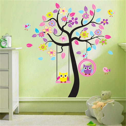 Owl Tree Wall Stickers Decals,Owl On Tree Branch Wall Decals,Animal Jungle Theme Wall Art Vinyl Wall Stickers for Nursery Kids Room Decor