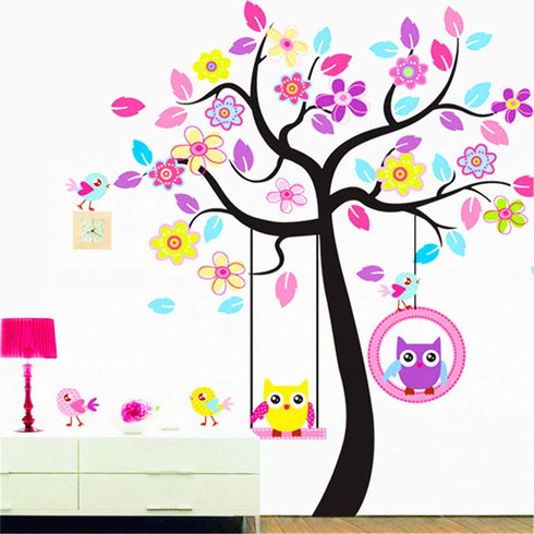 Owl Tree Wall Stickers Decals,Owl On Tree Branch Wall Decals,Animal Jungle Theme Wall Art Vinyl Wall Stickers for Nursery Kids Room Decor