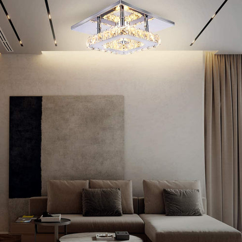 Small Led Chandelier Semi Flush Mount Crystal Lighting Modern Ceiling Crystal Lamp for Bedrooms Dinning Rooms Hallway (Warm)