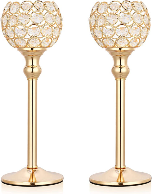 Hossejoy 2 PCS Candle Holders, Crystal Candlestick Holders for Tables Dining Halloween Christmas Anniversary Wedding Decoration, Fit Best with Flameless LED Tea Light Candles (Gold)