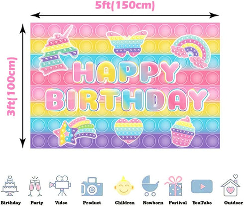 Pop Birthday Party Decorations,Macaron Pastel Pop Push Backdrop 5x3Ft for Girls Boys Kids Adults Rainbow Popper Pop Fidget Toy Birthday Party Supplies Happy Birthday Banner Photography Background