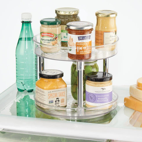 mDesign 2 Tier Lazy Susan Turntable Food Storage Container for Cabinets, Pantry, Fridge, Countertops - Raised Edge, Spinning Organizer for Spices, Condiments - 9" Round - Clear/Chrome