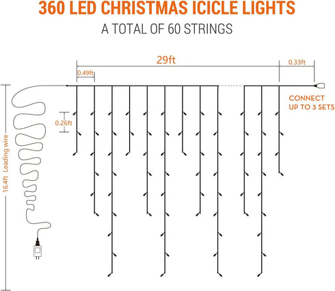 Brizled Blue Icicle Lights, 29ft 360 LED Icicle Christmas Lights, 8 Modes Curtain Fairy Lights with 60 Drops, Clear Icicle Twinkle Lights with Remote for Indoor Outdoor Christmas Wedding Holiday Decor