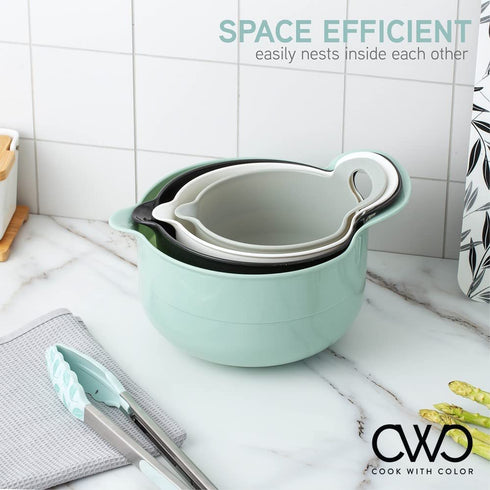 Cook with Color Mixing Bowls - 4 Piece Nesting Plastic Mixing Bowl Set with Pour Spouts and Handles (Mint)