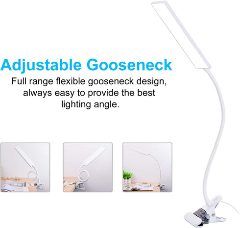LED Desk Lamp Reading Light, JUANWE Clip on Light, Dimmable Clamp Light with USB Charging Port, 3 Modes & 14 Brightness Levels 5W LED Metal Clip Light, White