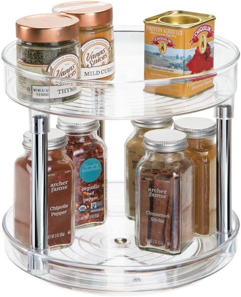 mDesign 2 Tier Lazy Susan Turntable Food Storage Container for Cabinets, Pantry, Fridge, Countertops - Raised Edge, Spinning Organizer for Spices, Condiments - 9" Round - Clear/Chrome