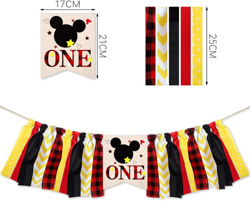 Awyjcas Mickey Mouse 1st Birthday Banner, Handmade First Birthday Highchair Banner Photo Props Party Decorations Supplies Mickey Mouse Cake Topper Hat 3 Pcs
