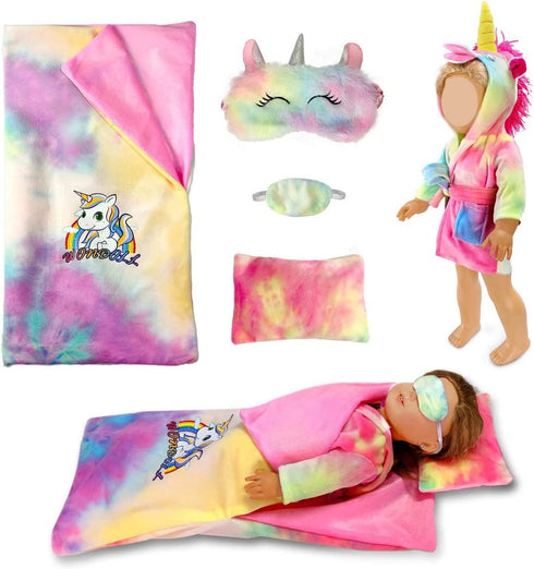 WONDOLL 18-inch Doll Clothes and Doll Sleeping Bag Set with Matching Sleepover Masks & Pillow