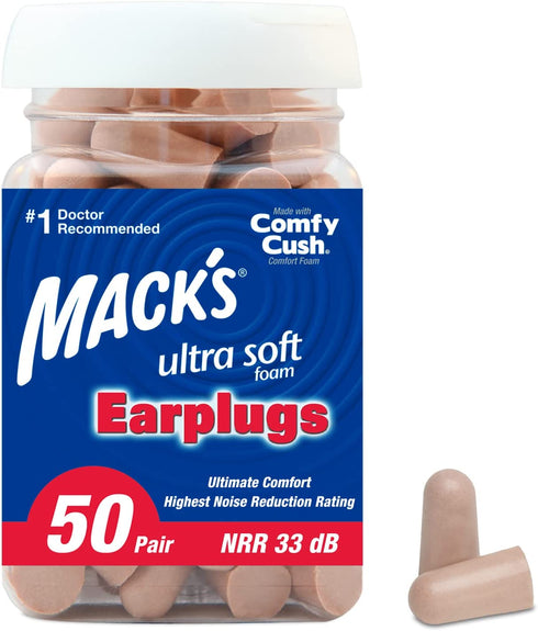 Mack's Ultra Soft Foam Earplugs, 50 Pair - 33dB Highest NRR, Comfortable Ear Plugs for Sleeping, Snoring, Travel, Concerts, Studying, Loud Noise, Work