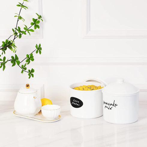 Kitchen Airtight Food Storage Canisters Set of 2 - 2.7QT/87oz Cookie Jar With Lids and Chalkboard Labels for Countertop Pantry Organization Flour,Candy,Coffee,Sugar,Snacks,Tea Jars Plastic,White
