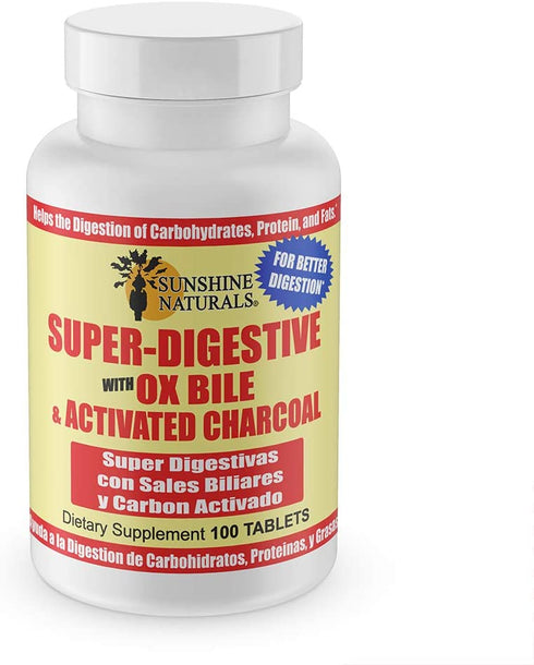 Sunshine Naturals Super Digestive Dietary Supplement. With Ox Bile and Activated Charcoal. Helps the Digestion of Protein and Fat. 100 Tablets