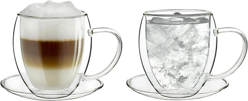 Creano Double Wall Glass Mugs 9 OZ with Handle and Saucer, Insulated Cup - 2X 9oz (250ml)