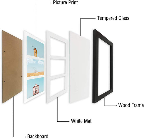 Golden State Art, 7x14 Black Photo Wood Collage Frame with Mat displays (3) 4"x6" Pictures
