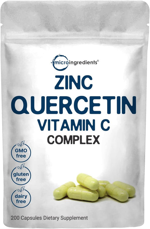 Quercetin with Zinc and Vitamin C, 200 Capsules, 3 in 1 Formula, Quercetin 500mg | Zinc 50mg (Picolinate, Citrate, Glycinate, Gluconate) | Vitamin C 500mg, Complete Immune Support - 100 Servings