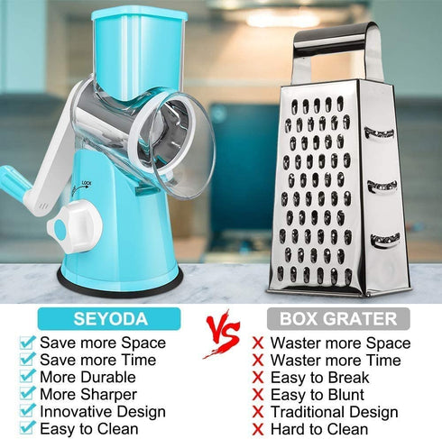 SEYODA Graters for Kitchen,Cheese Grater Efficient Vegetable Slicer with 3 Interchangeable Round Stainless Steel Blades,Easy to Clean Rotary Cheese Grater for Fruit,Vegetables,Nuts. (Blue)