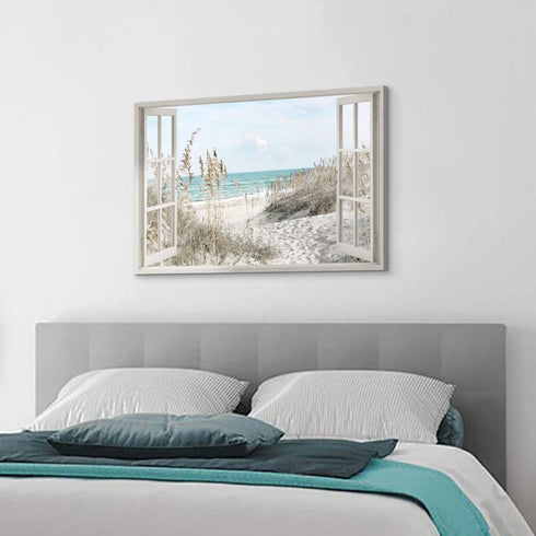 Hardy Gallery Coastal Beach Picture Wall Art: Beach Theme Window Canvas Art Prints Seascape Artwork for Bedroom (36? x 24œ x 1 Panel)