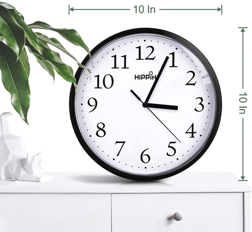 Hippih Black Wall Clock Silent Non Ticking Quality Quartz, 10 Inch Round Easy to Read for Home Office School Clock 2 Pack