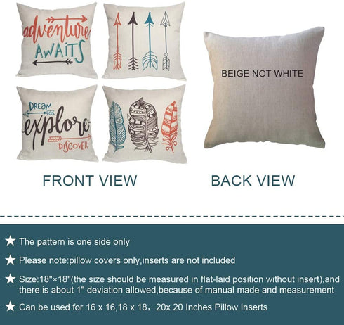 Feather Arrows Throw Pillow Case Inspirational Words Cushion Cover Home Decorative Square Pillowcases 18×18 Inch,4pack(Adventure Awaits,Dream Explore Discover, Ethnic Arrows, Feathers)