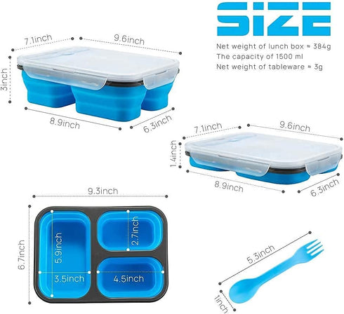 MAXCOOK Collapsible Lunch Container Stacking Silicone Lunch Box with Spoon & Fork, 1500ml/3-Compartment Portable Bento Storage Containers for Food, Microwave, Freezer, Dishwasher Safe, BPA Free Blue