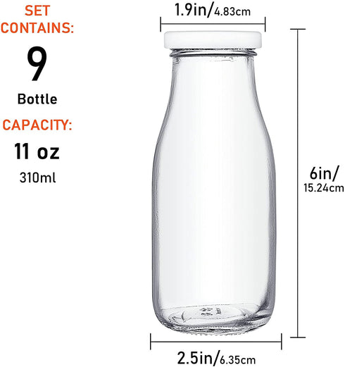 YEBODA 11oz Glass Milk Bottles with Reusable Metal Twist Lids and Straws for Beverage Glassware and Drinkware Parties, Weddings, BBQ, Picnics, Set of 9