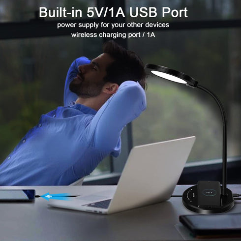 Desk Lamp with Wireless Charger, LED Desk lamp with USB Charging Port, 5 Lighting Modes 10 Brightness Levels, Sensitive Control Eye-Caring Office Lamp Black