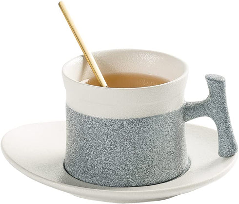 TILANY Tea Cup and Saucer Set - Snowflakes Glazed Coffee Cups with Saucer and Golden Spoon , Luxury 7 Ounce Ceramic Latte Mug Cappuccino Mugs - Drink Ware Gift For Women, Men (Grey)