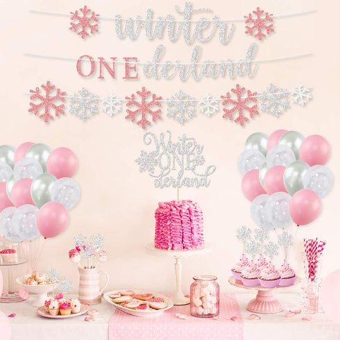 Winter Onederland Birthday Decorations, Girls Birthday Party Decoration, Banner, Cake Toppers, Pink Silver Snowflake Balloons Garland for Winter Wonderland Shower Winter First Birthday Party Supplies