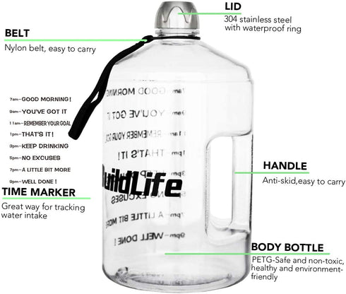 BuildLife 1 Gallon Water Bottle -Motivational Fitness Workout with Time Marker/Drink More Daily/Clear BPA-Free/Large 128OZ /73OZ Capacity