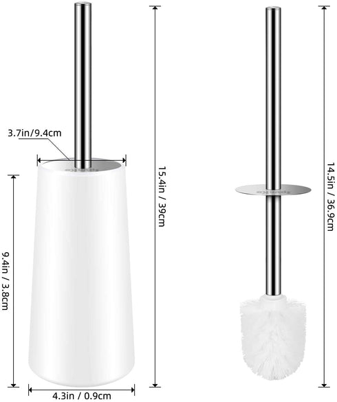 SpunKo Toilet Brush and Holder Set, 2 Pack WC Toilet Bowl Brush Cleaner with 304 Stainless Steel Long Handle, Toilet Scrubber Brush for Commercial Bathroom Restroom Deep Cleaning (White-2 Pack)