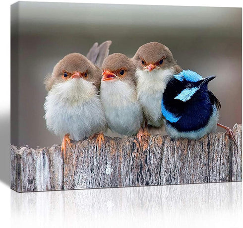 Purple Verbena Art Canvas Print Four Birds Pictures Landscape Animal Lovely Artwork HD Painting Artwork for Wall Decor Home Room Office Decoration 12x16 inches, Framed, Ready to Hang