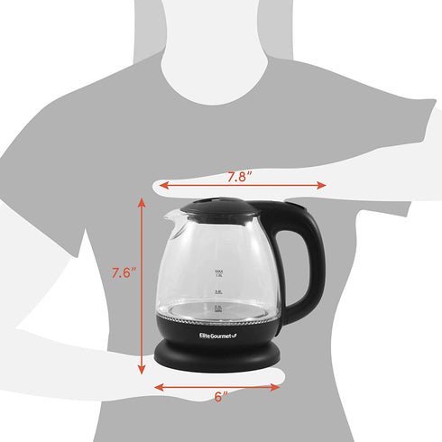 Elite Gourmet EKT1001B Electric BPA-Free Glass Kettle, Cordless 360° Base, Stylish Blue LED Interior, Handy Auto Shut-Off Function Quickly Boil Water for Tea & More, 1L, Graphite Black