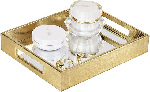 Vixdonos Decorative Mirror Tray,Gold Vanity Tray,Leather Catchall Organizer for Makeup,Perfume and Cosmetic on Dresser or Coffee Table(Small, Gold)