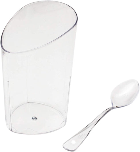 Open Cut Slanted Round Dessert Cups - 3 ounce - 40 Count - Spoons Included - Clear Plastic - Slanted Cylinder Mini Dessert Cup - Appetizer Cup - Tasting Glass-Sample Shot Glass -Disposable or Reusable